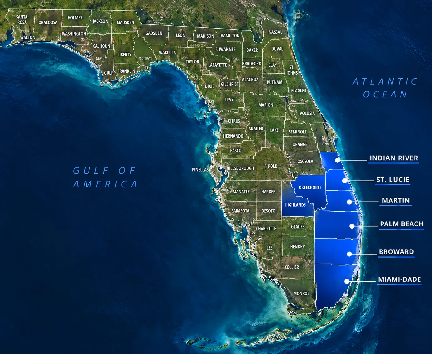 Florida map highlighting Miami-Dade, Broward, Palm Beach, Martin, St. Lucie, Indian River, Okeechobee and Highlands counties